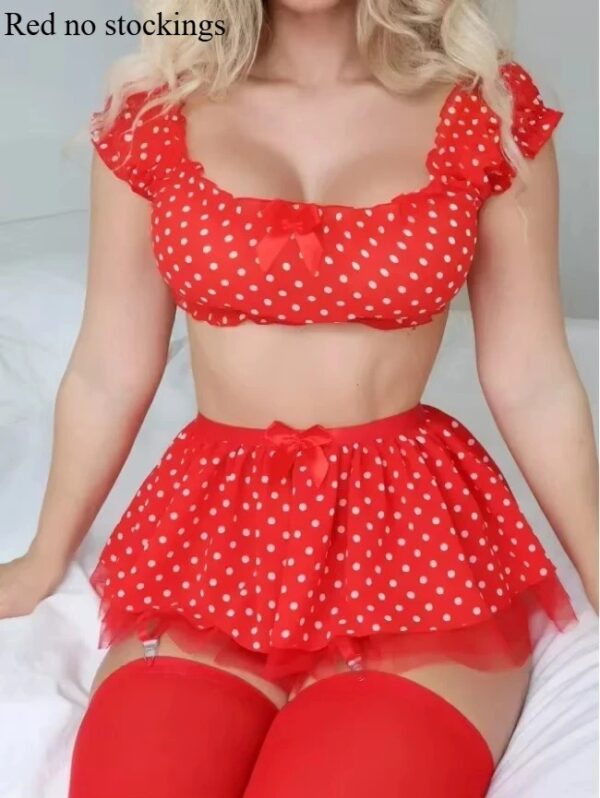 3/4-pieces Women's Polka Dot Shoulder Revealing Puffy Skirt Set Sexy Lace Top Skirt Thongs Underwear Suits Intimate Exotic Sets - Image 2