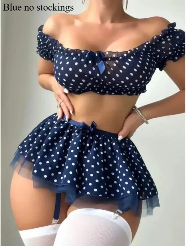 3/4-pieces Women's Polka Dot Shoulder Revealing Puffy Skirt Set Sexy Lace Top Skirt Thongs Underwear Suits Intimate Exotic Sets - Image 4